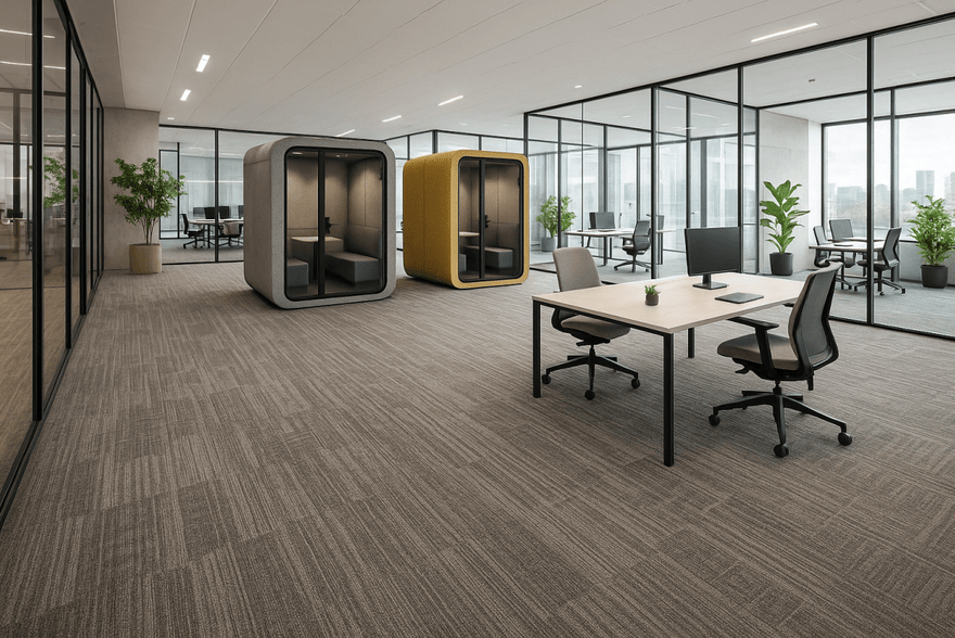 Akoestische zones met vloerbekleding in open ruimtes